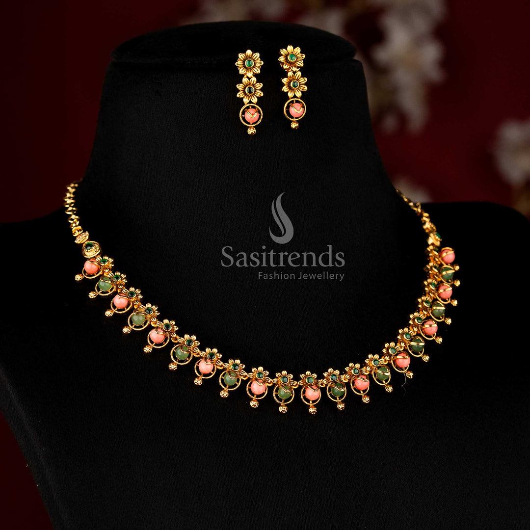Sasitrends traditional temple matte gold plated floral round pearl pink green necklace jewellery set crafted with intricate temple artistry suitable for festive wear, family ceremonies and devotional gatherings
