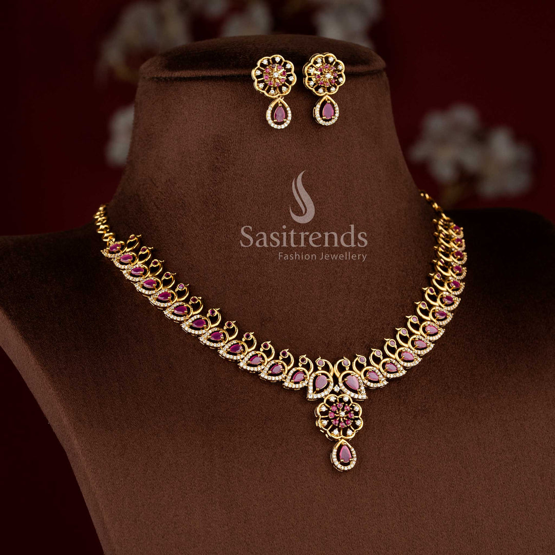 Sasitrends traditional temple matte gold plated jewellery necklace set featuring peacock design chain with floral drop pendant