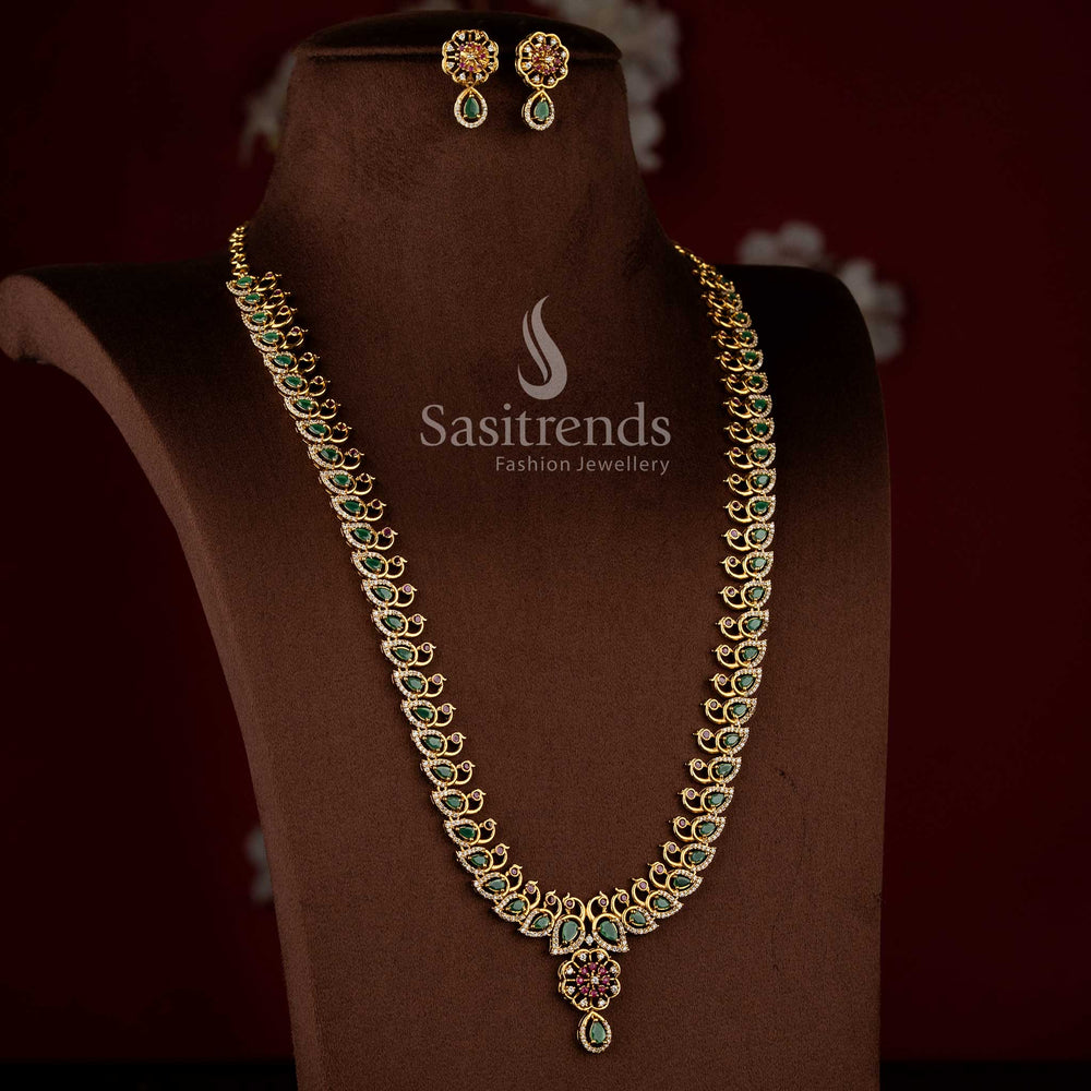 Sasitrends traditional temple matte gold plated long jewellery necklace set featuring peacock design chain with floral drop pendant