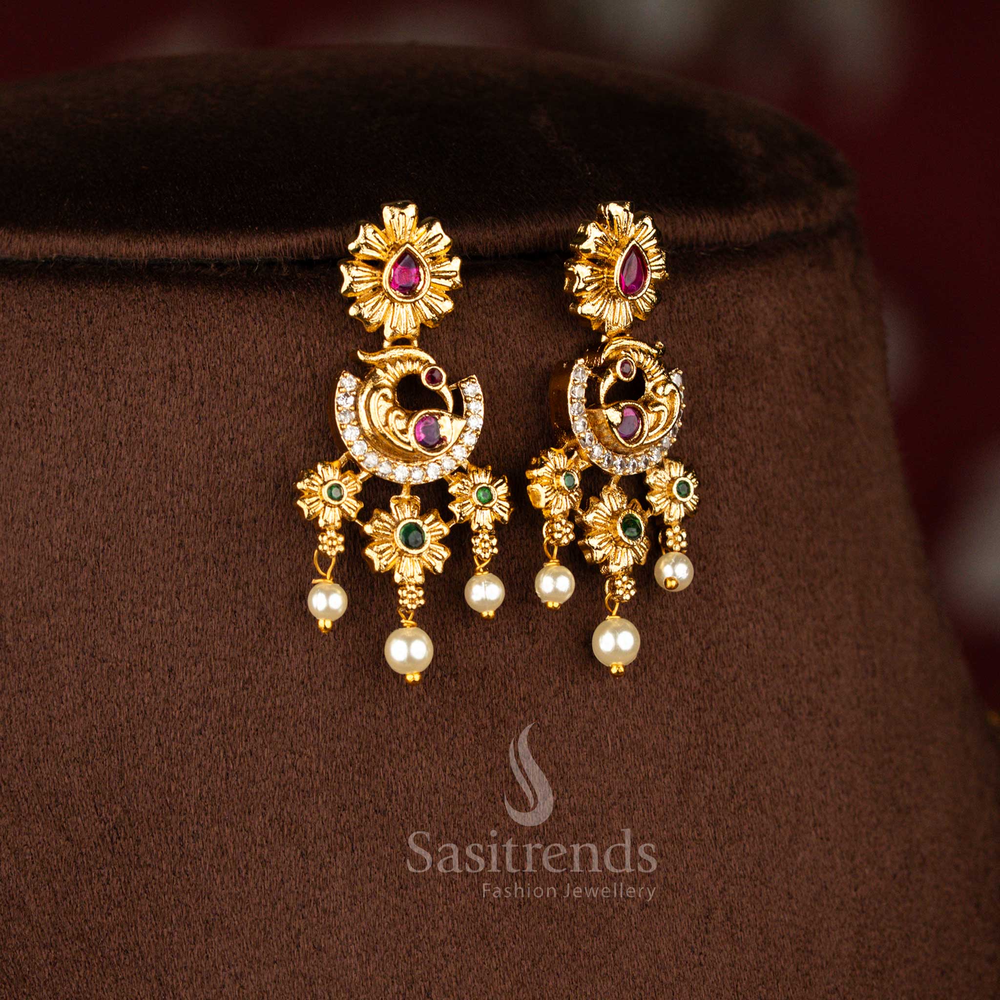 Sasitrends traditional temple matte gold plated peacock floral AD stone short necklace jewellery set featuring rich temple design elements for bridal and festive styling