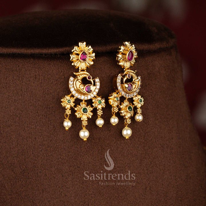 Sasitrends traditional temple matte gold plated peacock floral AD stone short necklace jewellery set featuring rich temple design elements for bridal and festive styling