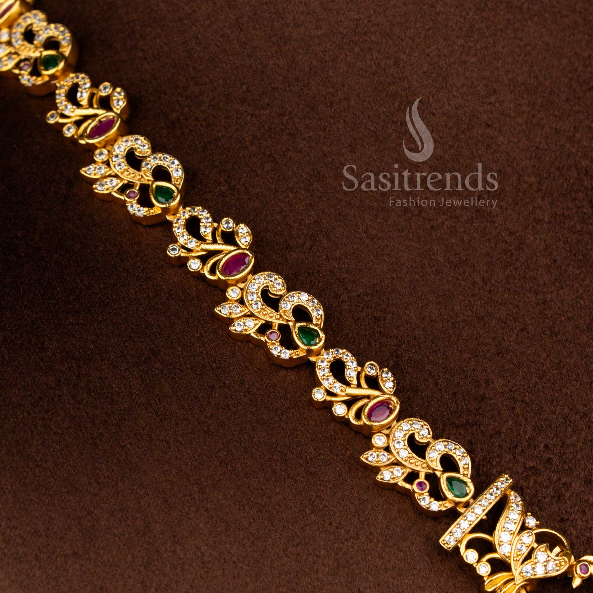 Sasitrends traditional temple matte gold plated peacock and flower motifs bridal necklace jewellery set with rich ethnic detailing and royal for grand bridal occasions