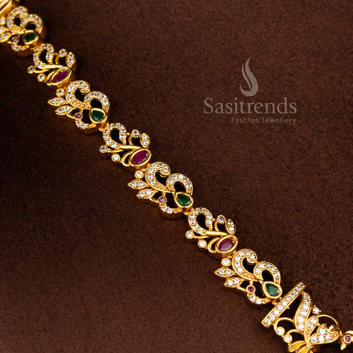 Sasitrends traditional temple matte gold plated peacock and flower motifs bridal necklace jewellery set with rich ethnic detailing and royal for grand bridal occasions