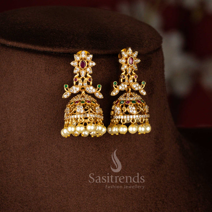 Sasitrends latest temple matte gold plated peacock and flower motifs bridal necklace jewellery set designed with rich traditional detailing for wedding ceremonies