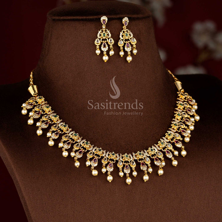 Sasitrends traditional temple matte gold plated teardrop motif floral multi AD stone short necklace jewellery set designed for bridal styling, festive celebrations, religious ceremonies and cultural functions