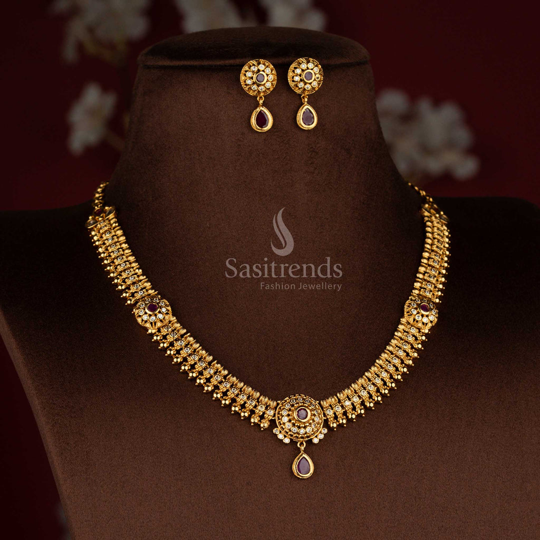 Sasitrends traditional temple style matte gold plated white ruby AD stone necklace set for wedding and festive saree wear