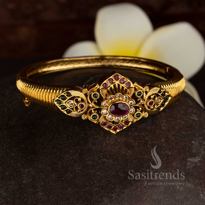 Mesmerising Premium Temple Matte Gold Plated AD Stone Floral Motif Openable Single Kada Bracelet | Traditional Wear