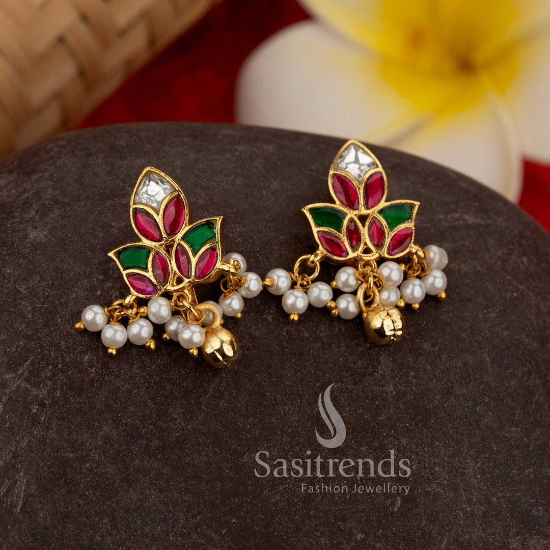Premium rich look 24K jadau gold plated leaf design multi kundan stone earcuff earrings for temple and wedding wear – Sasitrends