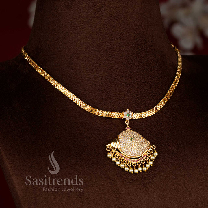 Traditional Vishnu Sangu Design Impon Attigai Micro Gold Plated multi AD Stone Necklace - Sasitrends