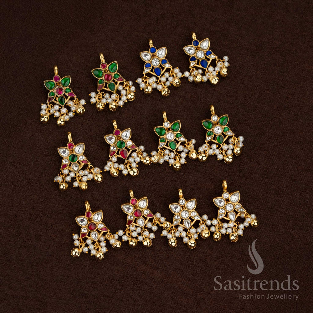 
Sasitrends 24K jadau gold plated all white ruby, blue, green kundan floral leaf motif Bugadi earcuff earrings with pearl hanging design for temple wear and festive styling
