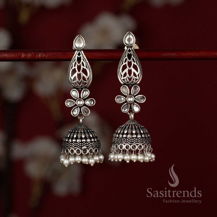 Oxidised German Silver Monalisa Teardrop Cut Floral Motif Jhumka Earrings with Pearl Hangings
