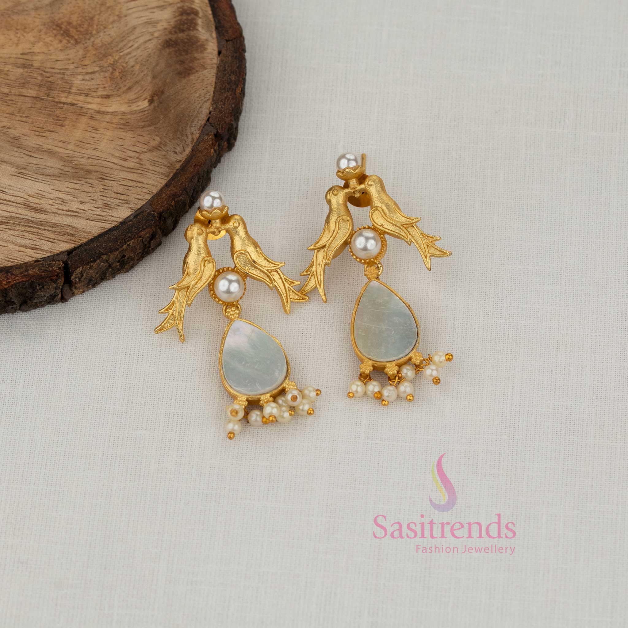 Sasitrends trendy gold plated kashmiri style bird teardrop pearl earrings 