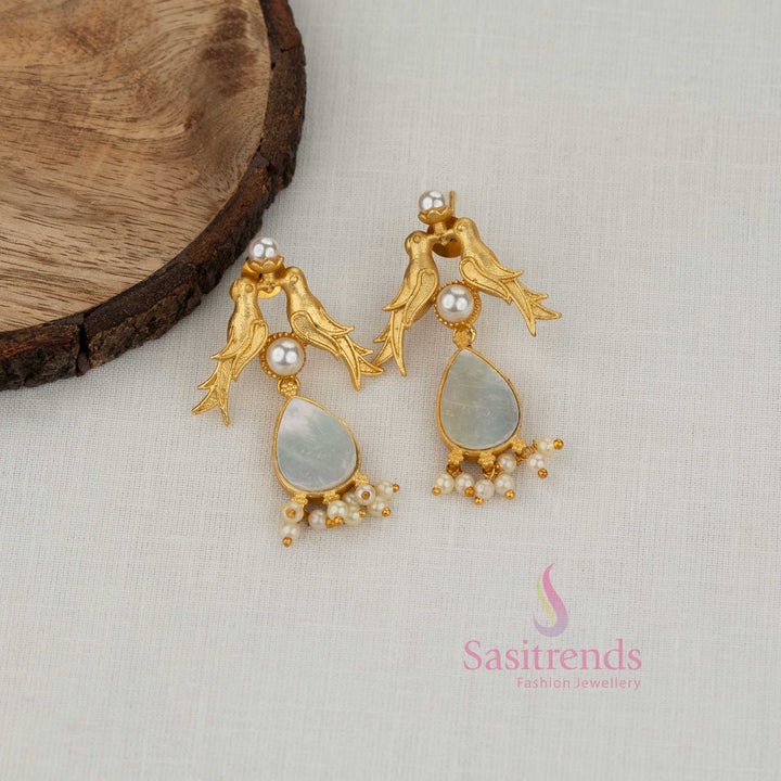 Amazing Trendy Gold Plated Kashmiri Style Bird Teardrop Motif with Mother of Pearl Drop Earrings for Ethnic Wear, Office Styling