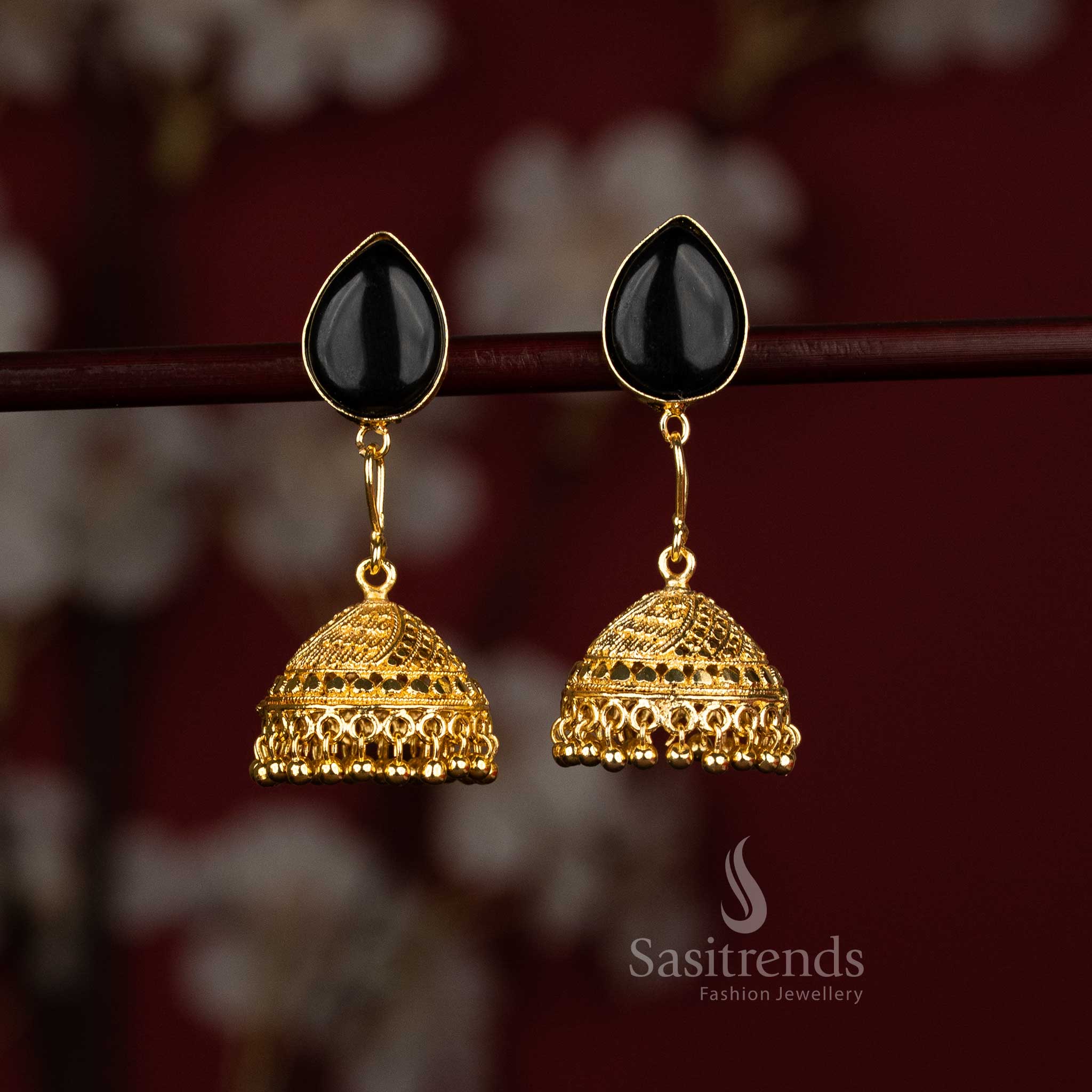 Sasitrends black trendy gold plated pear motif jhumka earrings crafted with elegant traditional bell structure designed for fashionable outfits and celebration styling