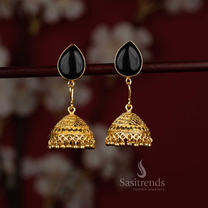 Sasitrends black trendy gold plated pear motif jhumka earrings crafted with elegant traditional bell structure designed for fashionable outfits and celebration styling