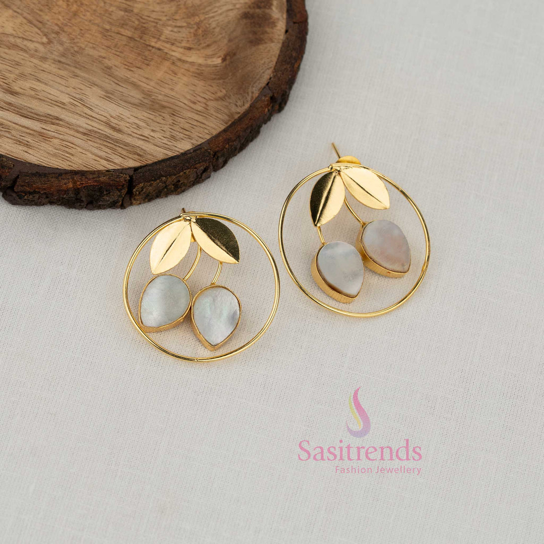 Sasitrends trendy gold plated cherry leaf mother of pearl hoop earrings 
