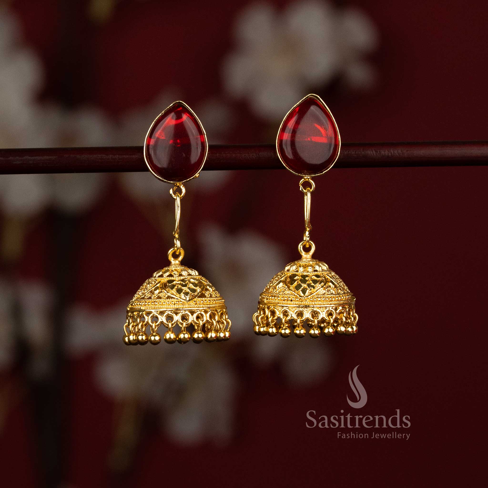 Sasitrends gold plated drop earrings with red pear motif connector jhumka structure 