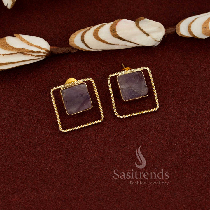 Royal purple trendy gold plated rope twisted square stud earrings for office college and daily styling - Sasitrends