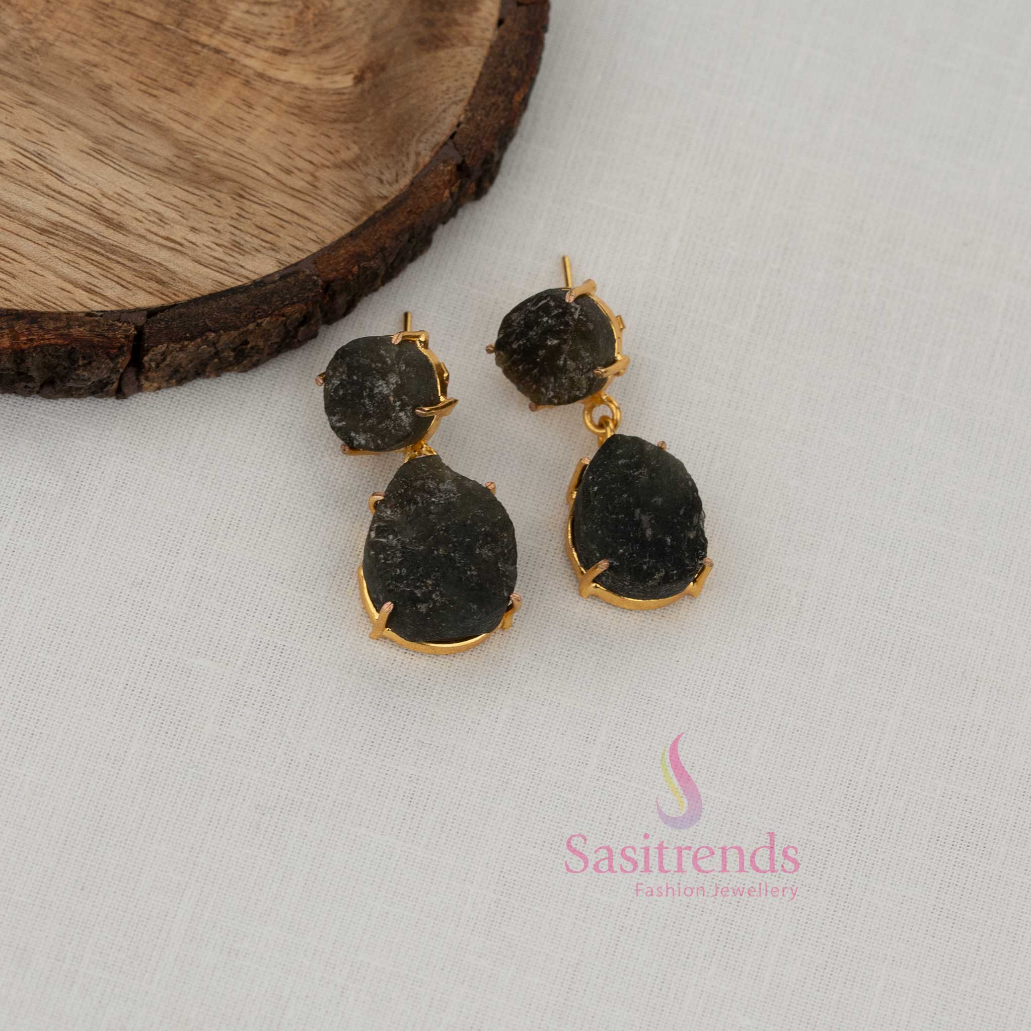 Dazzling Trendy Gold Plated Dual Stone Stud and Sculpted black Teardrop Dangle Drop Earrings for Girls | Bold Party Wear Fashion Jewellery