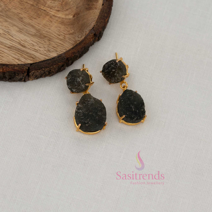 Dazzling Trendy Gold Plated Dual Stone Stud and Sculpted black Teardrop Dangle Drop Earrings for Girls | Bold Party Wear Fashion Jewellery