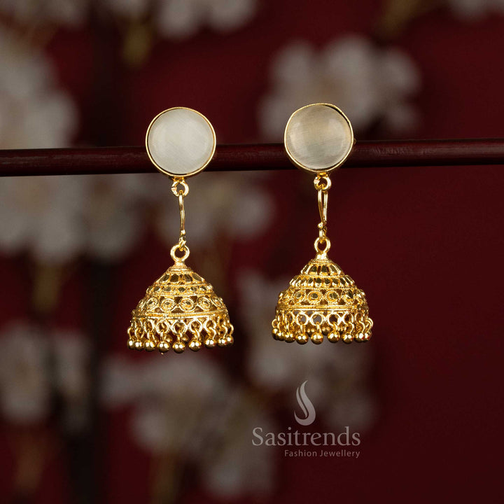 Sasitrends trendy gold plated white round motif jhumka earrings featuring elegant circular design with classic bell structure crafted for fashionable outfits and celebration styling