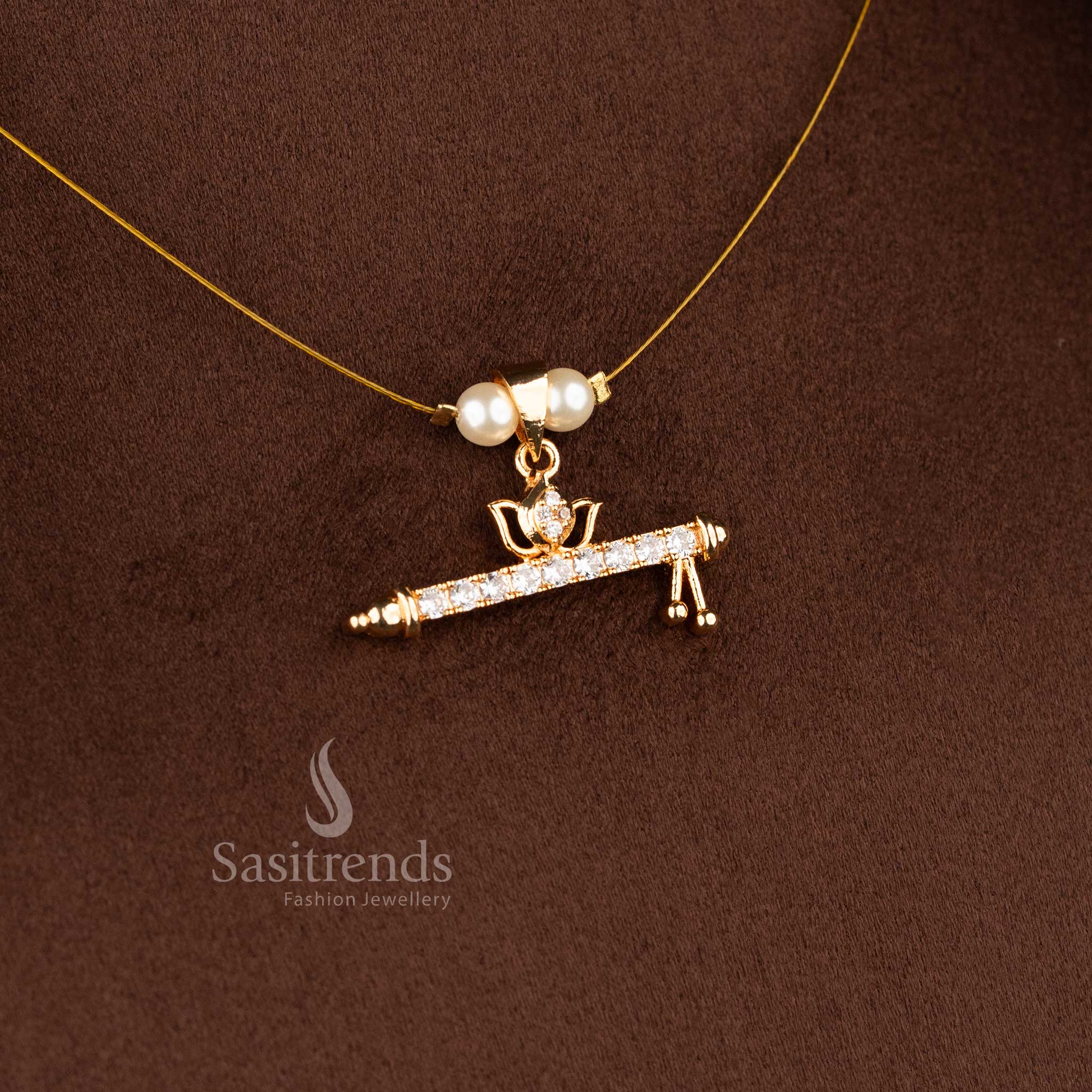 Sasitrends trendy invisible American diamond 24K micro gold plated pendant necklace with pearl bead chain crafted for elegant festive and stylish outfit combinations