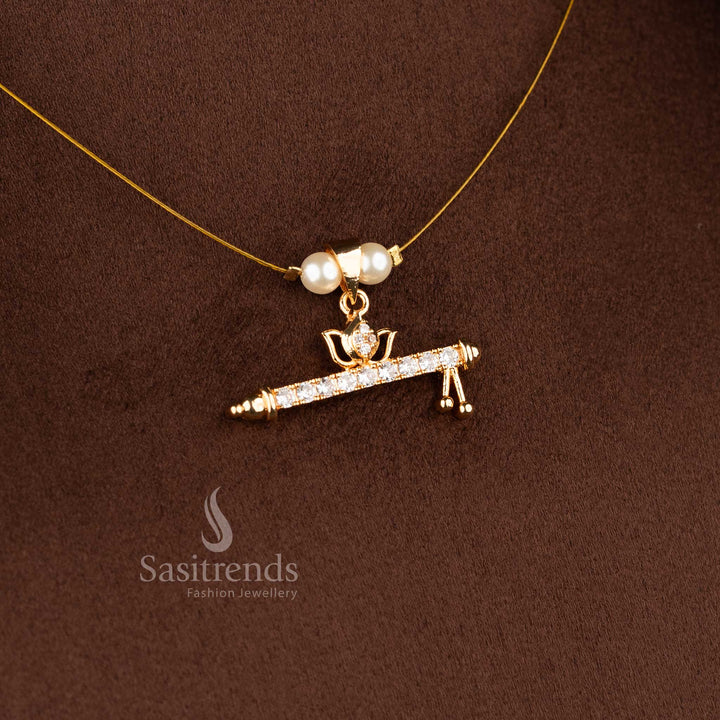 Sasitrends trendy invisible American diamond 24K micro gold plated pendant necklace with pearl bead chain crafted for elegant festive and stylish outfit combinations