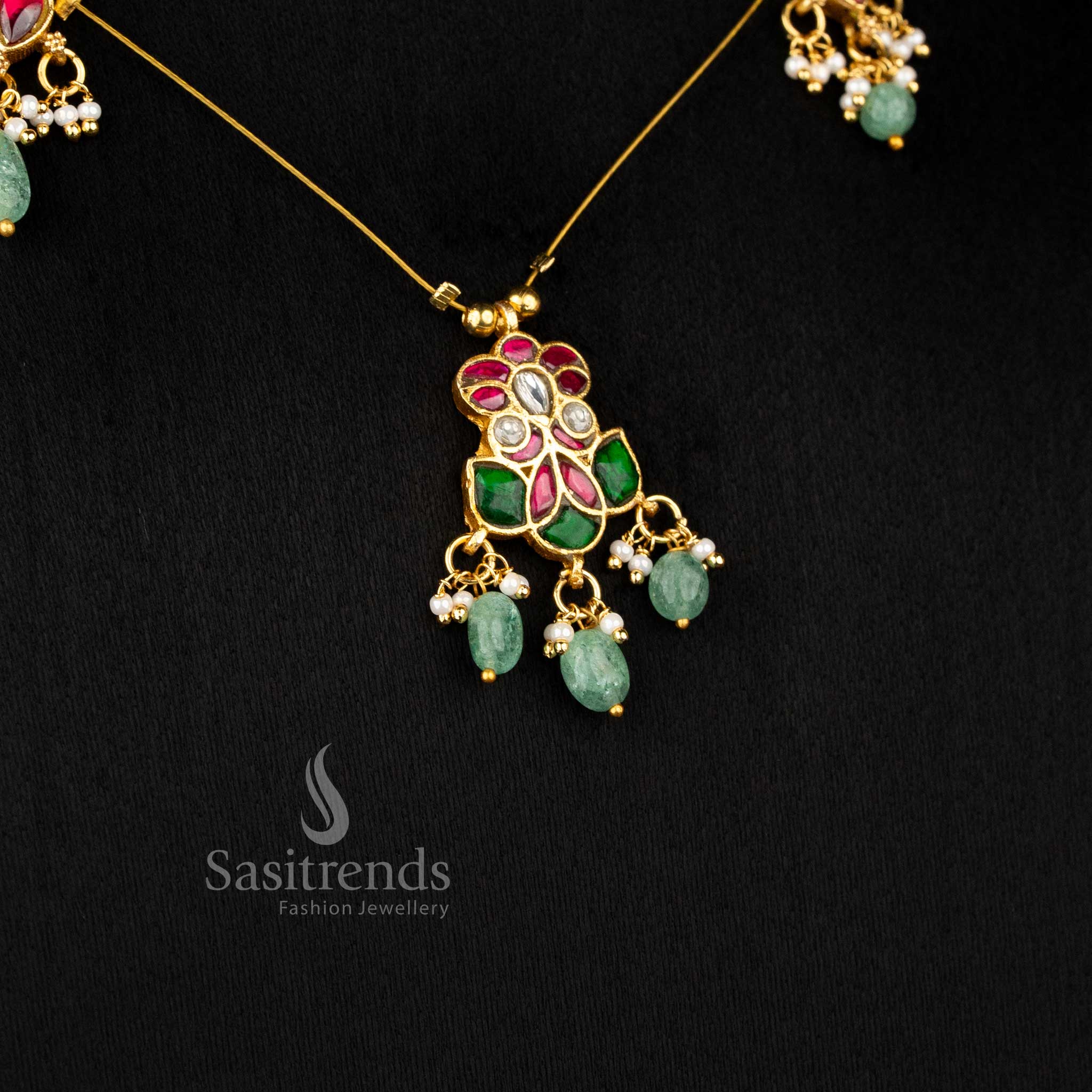 Sasitrends trendy jadau 24K gold plated invisible chain necklace featuring structured motif arrangement with pearl accents ideal for ethnic styling and cultural outfits