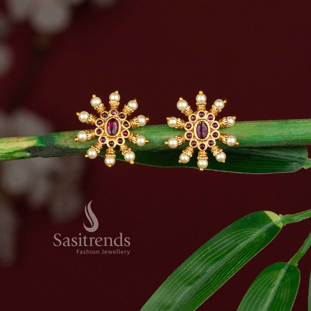 Sasitrends trendy temple matte gold finish oval pearl stud earrings crafted with classic ethnic design suitable for everyday traditional styling and cultural wear