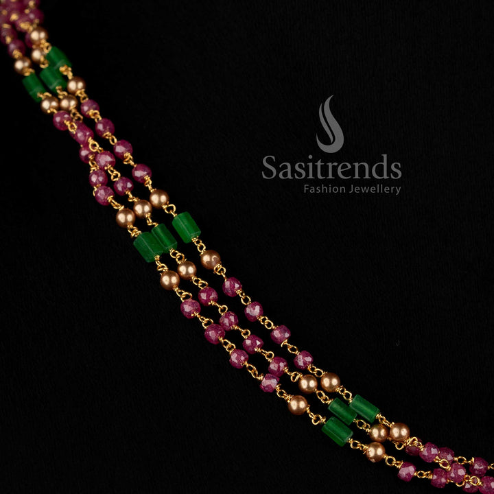 Sasitrends traditional beaded necklace with three flowing strands, Cubic Zirconia stones and colourful accents 