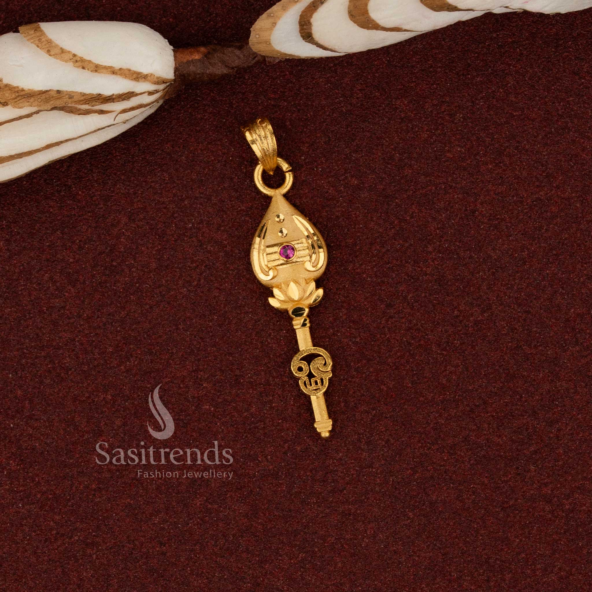 Sasitrends grand traditional 24K micro gold plated vel om forming pendant designed with elegant ethnic craftsmanship ideal for festive wear and temple visits