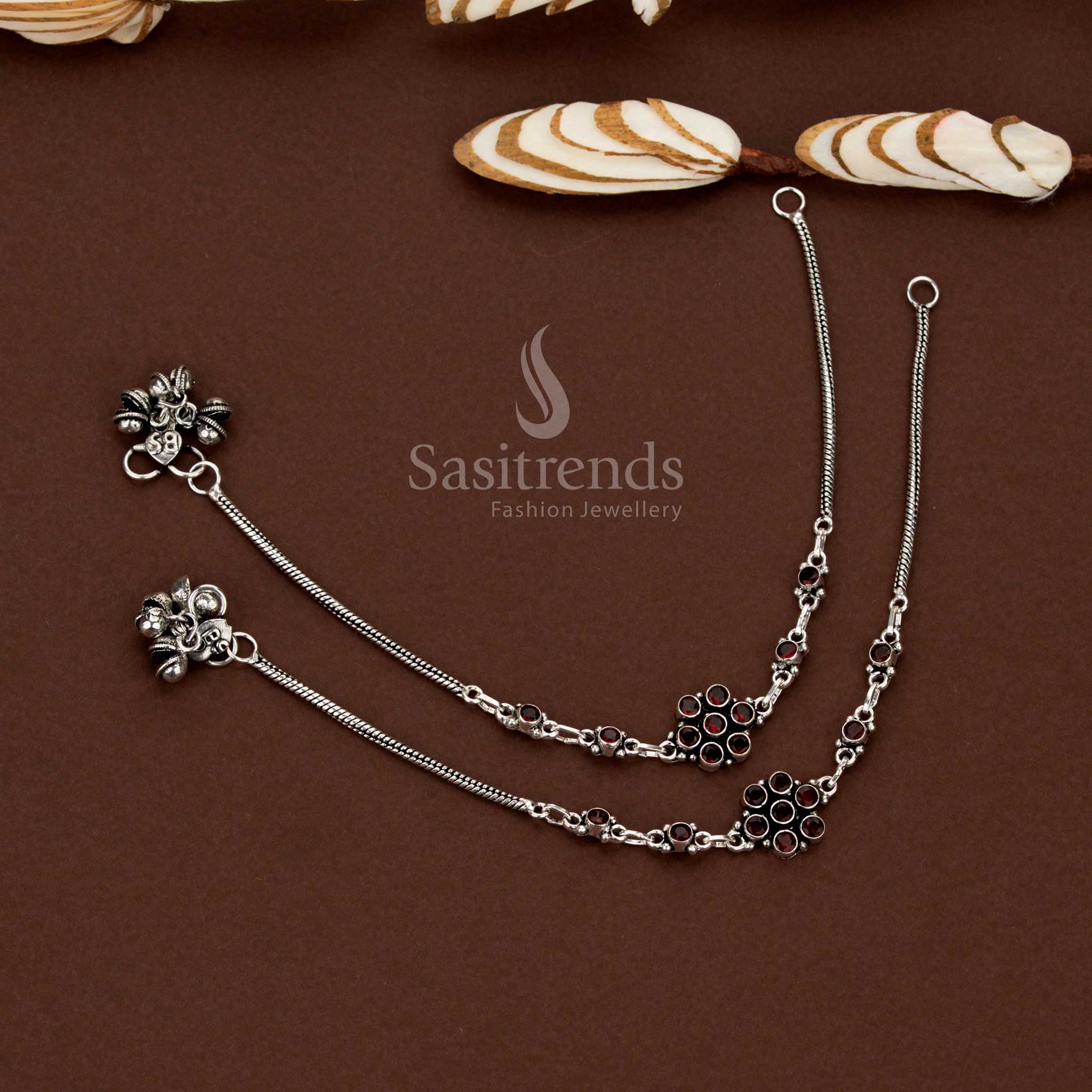 Sasitrends handcrafted oxidised red anklets featuring floral link chain detailing for casual and traditional wear