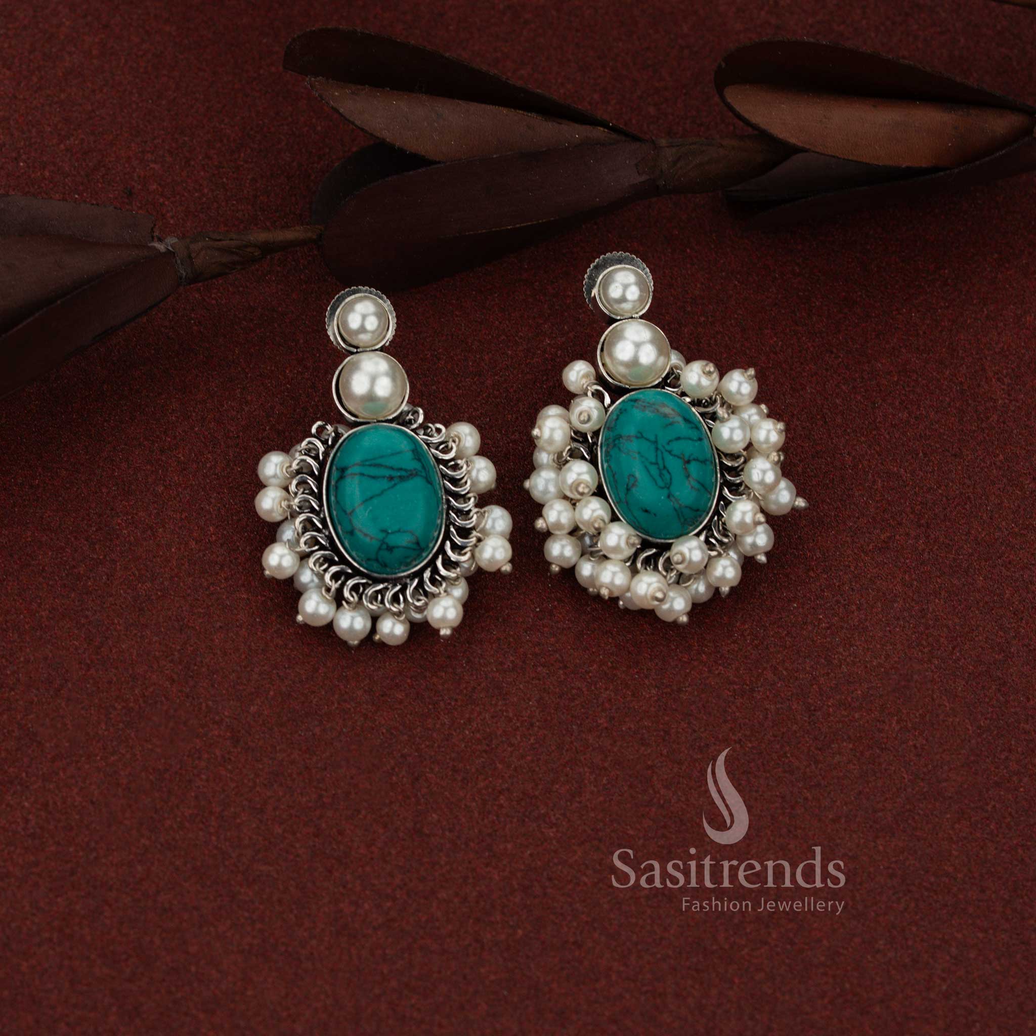 Sasitrends versatile oxidised silver stud earrings designed with double pearl top and oval clustered turquoise stones