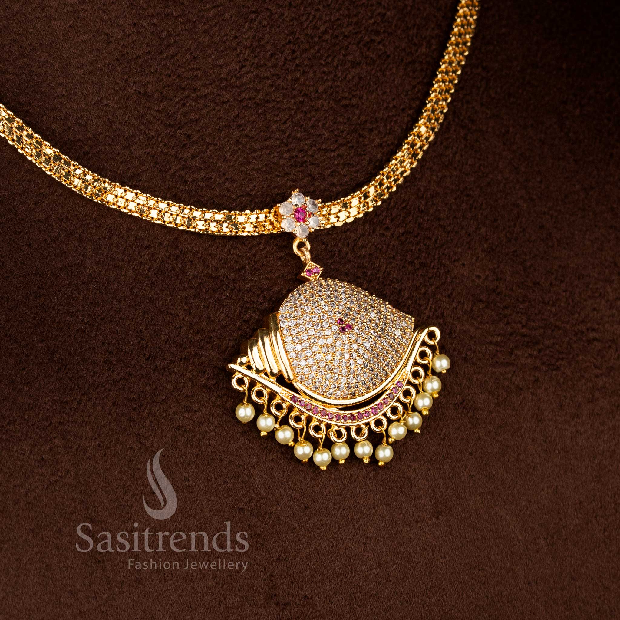 sasitrends traditional vishnu sangu design impon attigai micro gold plated white ruby ad stone necklace real gold look