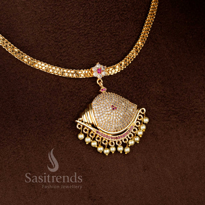 sasitrends traditional vishnu sangu design impon attigai micro gold plated white ruby ad stone necklace real gold look