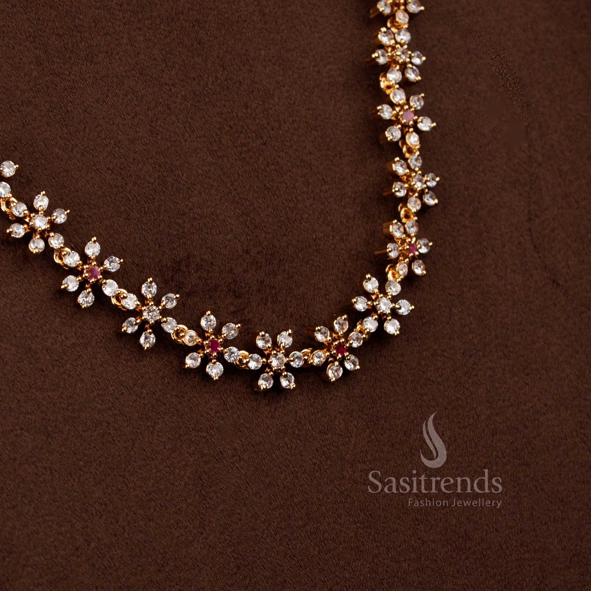 Amazing Micro Gold Plated Floral Short & Long Necklace Jewellery Set with American Diamond Stones | One Gram Guaranteed Festive Wear - Sasitrends