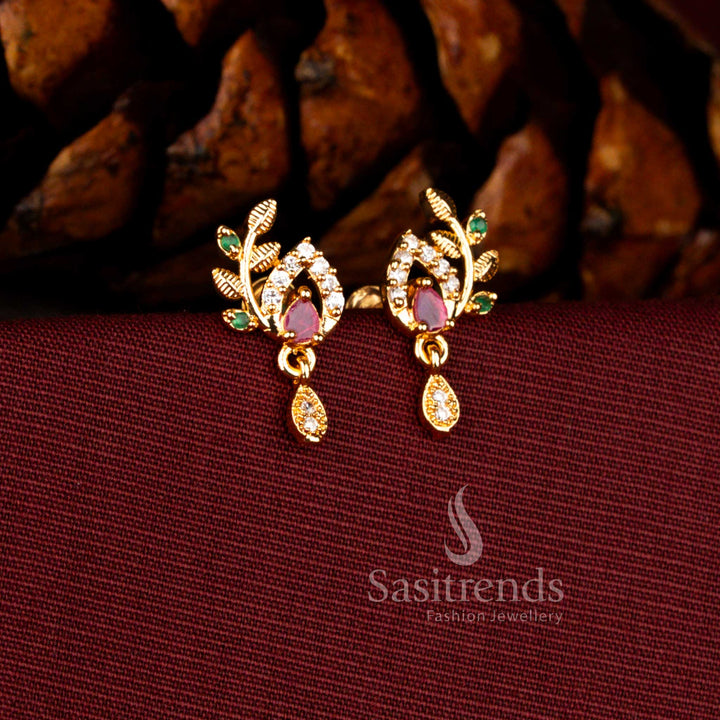 Charming 24K Micro Gold Plated American Diamond Leaf Vine Drop Earrings with Pear Stone Centre & Teardrop Dangler | Office & Festive wear