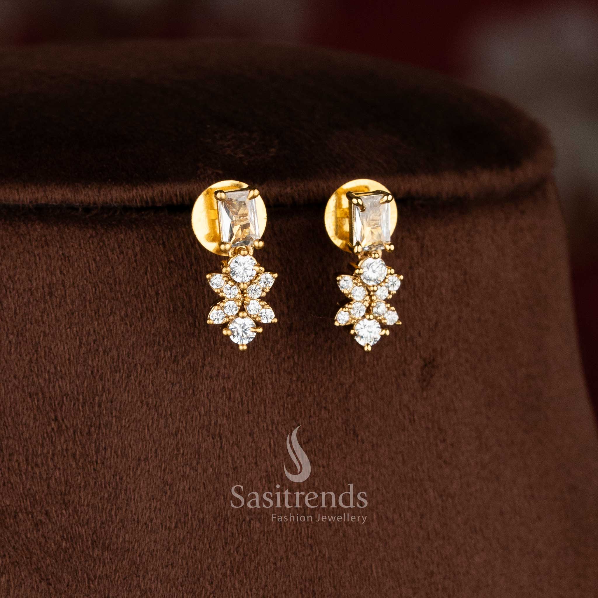 Sasitrends premium white American Diamond matte gold plated necklace jewellery set with brilliant AD stone clusters and centre statement stone 