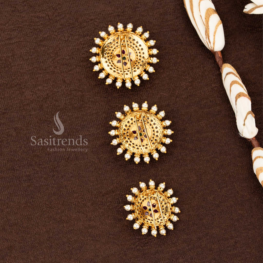 Sasitrends traditional matte gold plated jadai billai with structured circular frame and symmetrical floral medallion design