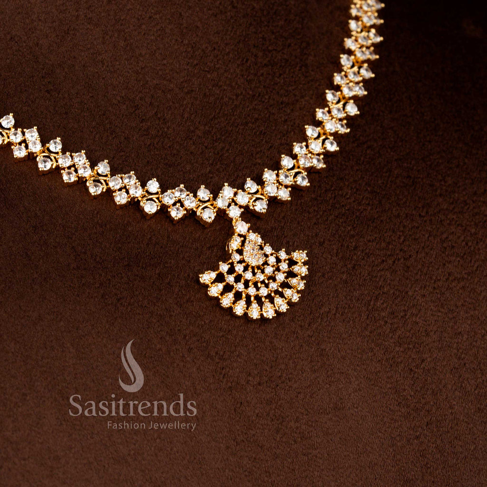 Sasitrends elegant white American Diamond micro gold plated necklace set featuring semi circular fan shaped centre pendant and coordinated drop earrings