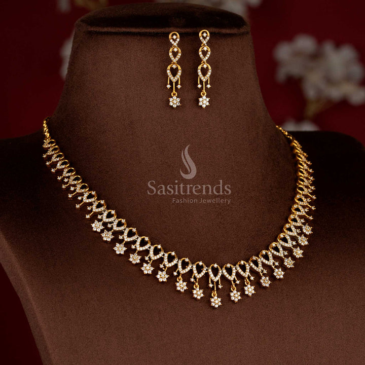 Sasitrends white American Diamond matte gold plated floral studded single-layer necklace jewellery set with matching drop earrings for wedding and saree wear