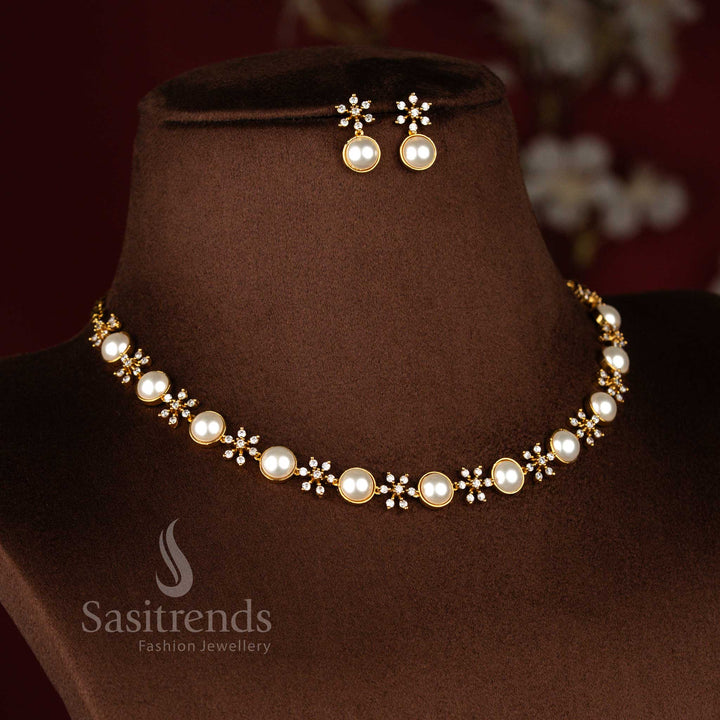 Elegant American Diamond and Pearl Floral Link Matte Gold Plated Necklace Jewellery Set | Bridal and Party Wear Jewellery