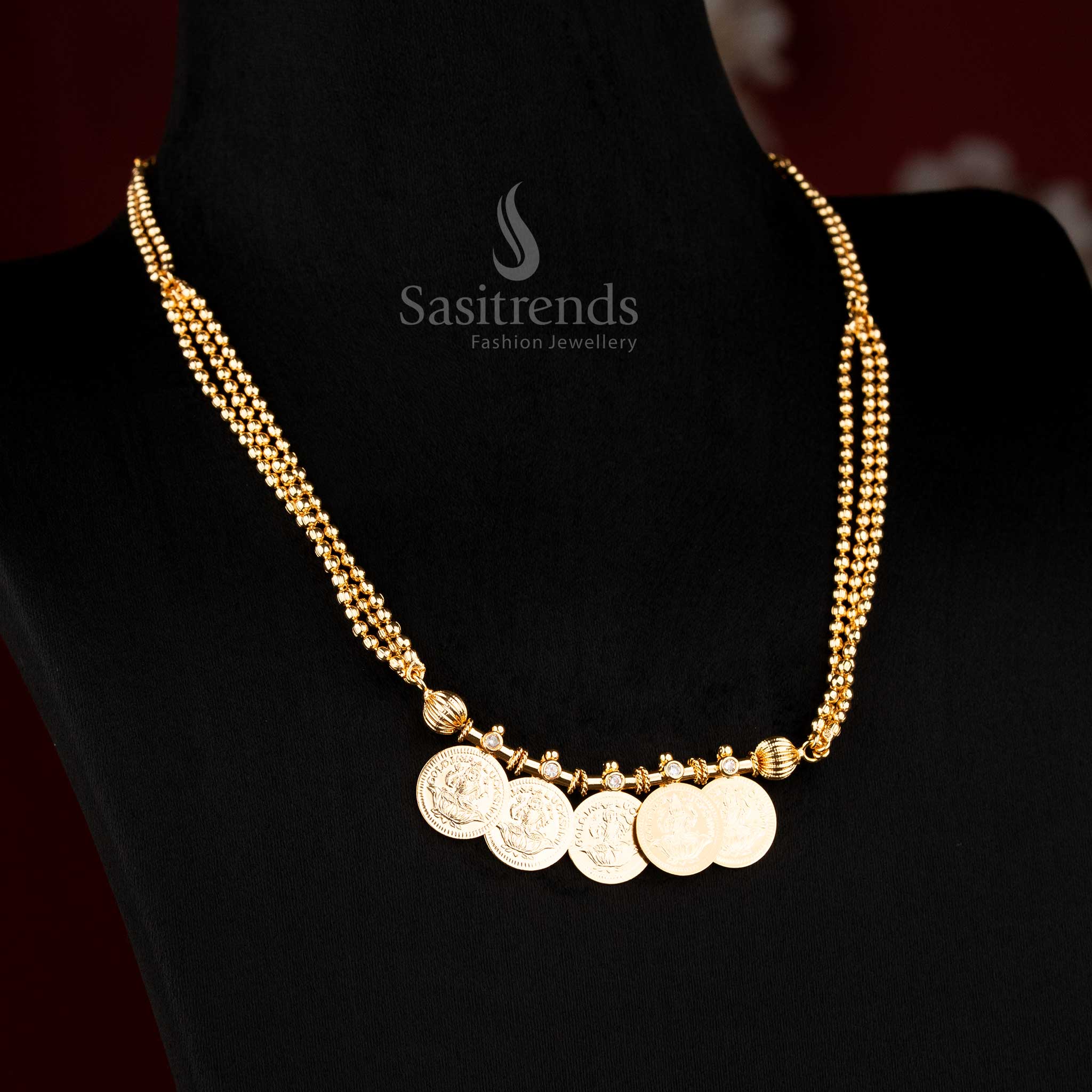 Divine white micro gold triple ball chain Lakshmi coin necklace for women, perfect for temple visits and saree wear - Sasitrends