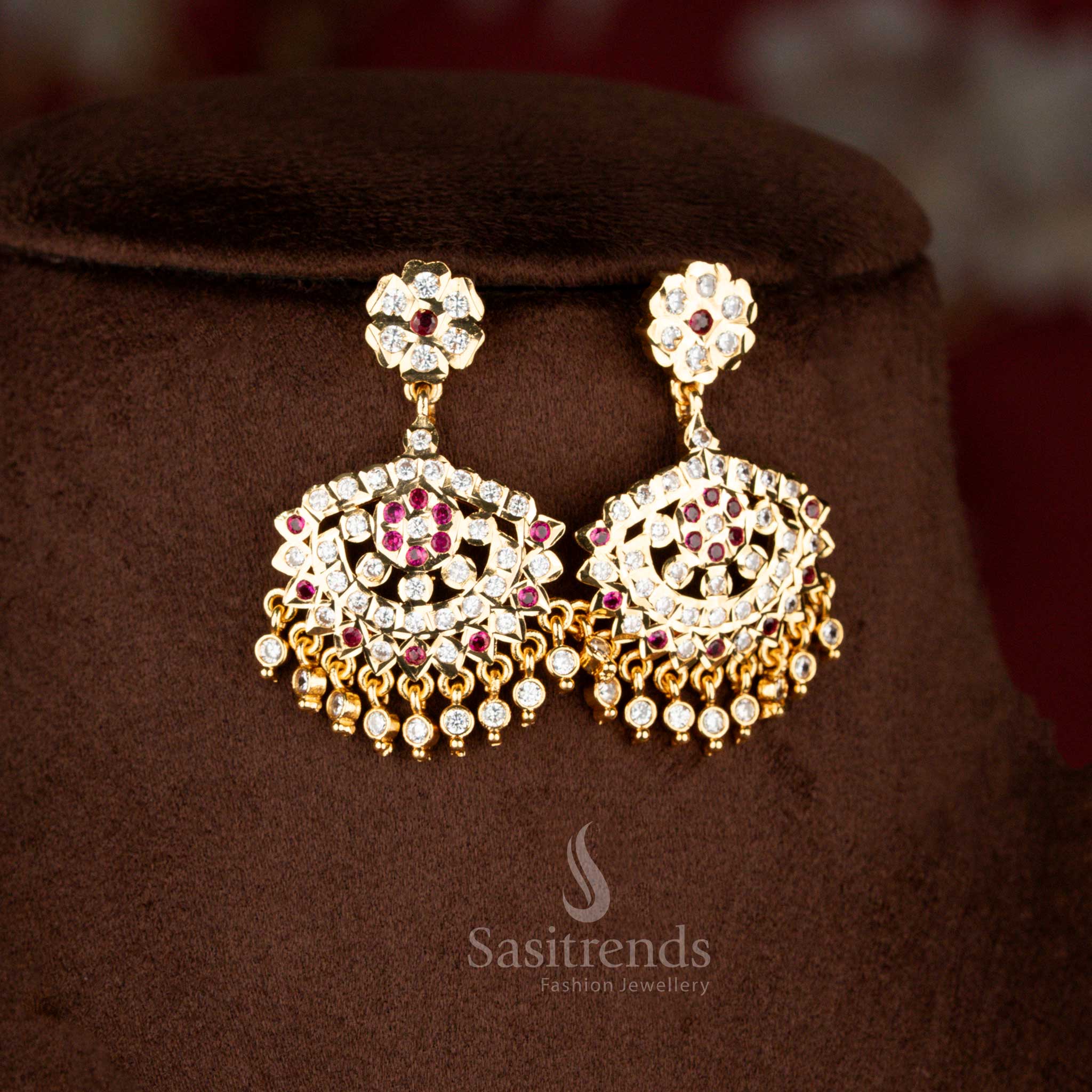 Detailed earrings view of white ruby AD stone Impon Addigai necklace showing micro gold plating, stone-linked structure and traditional South Indian styling - Sasitrends
