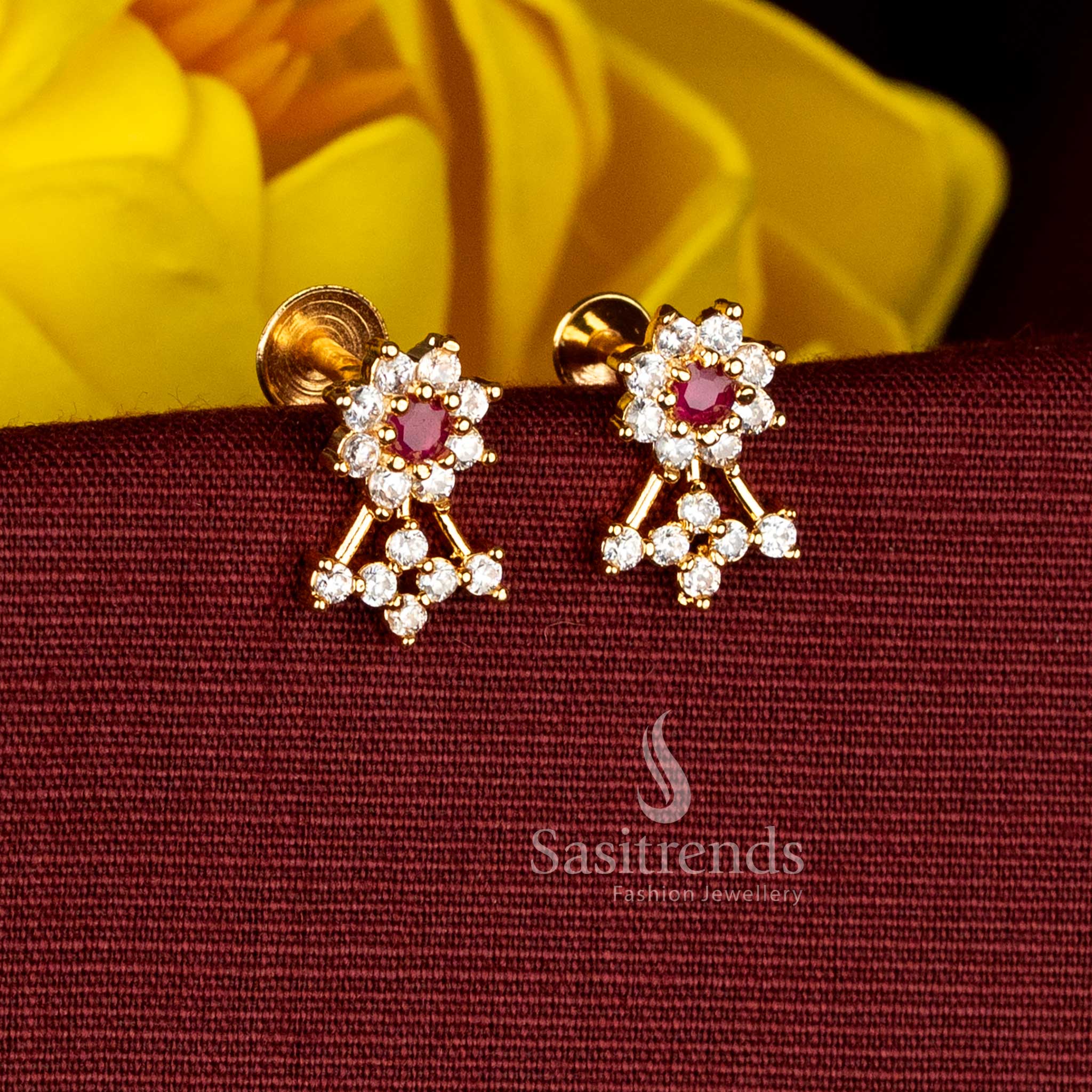 Sasitrends white ruby AD stone micro gold plated floral stud earrings with round centre design