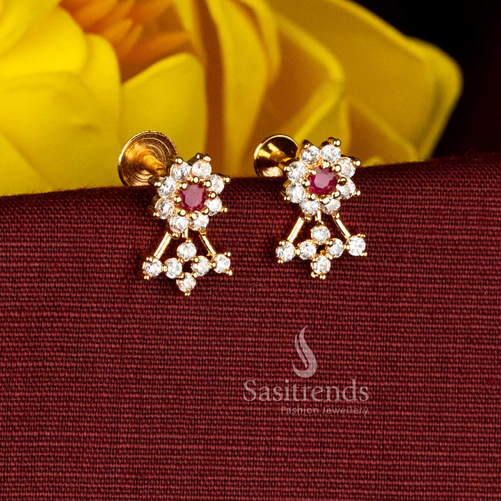 Sasitrends white ruby AD stone micro gold plated floral stud earrings with round centre design