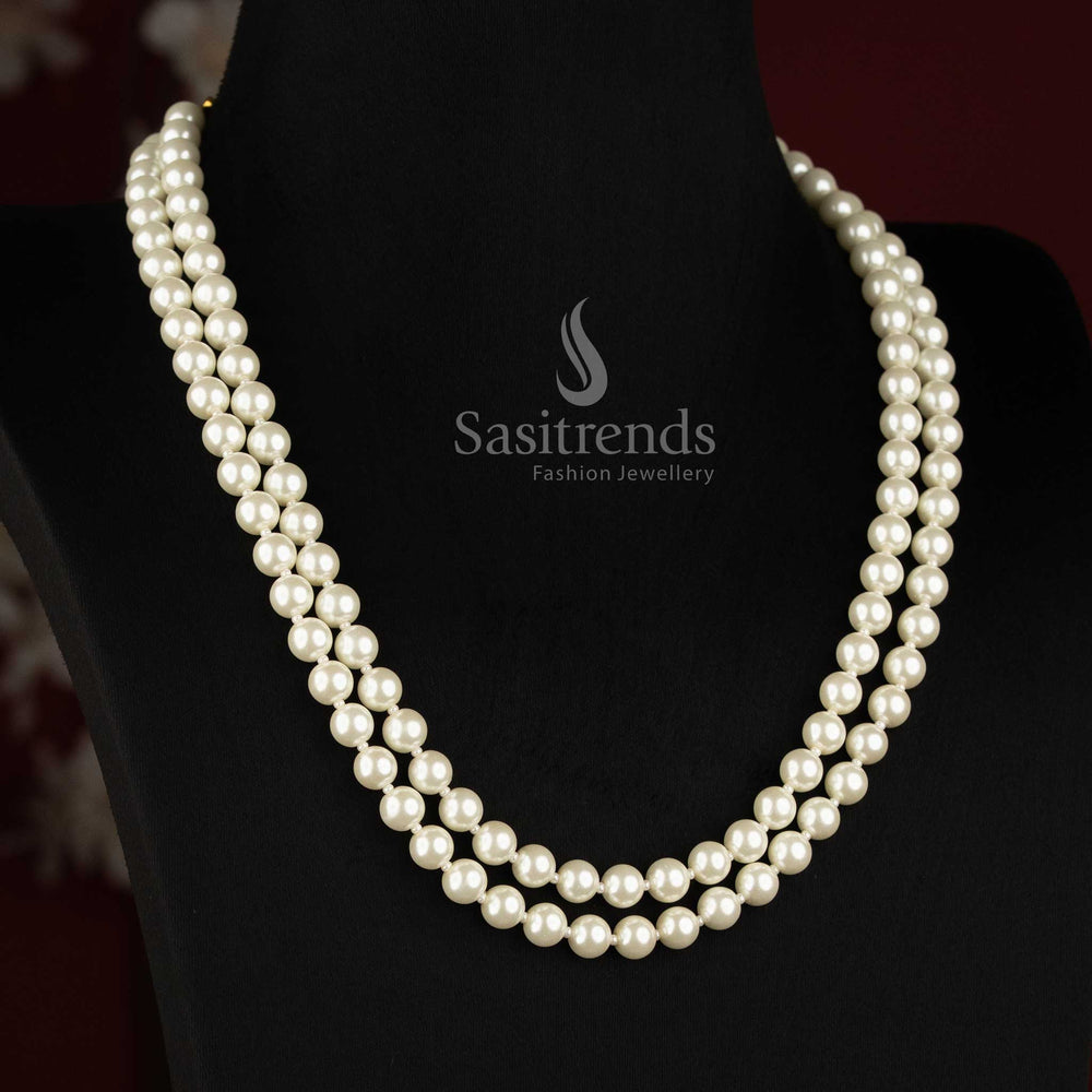 Elegant shell pearl 2 layer long necklace designed for sarees, festive celebrations, wedding occasions and traditional ethnic outfits - Sasitrends
