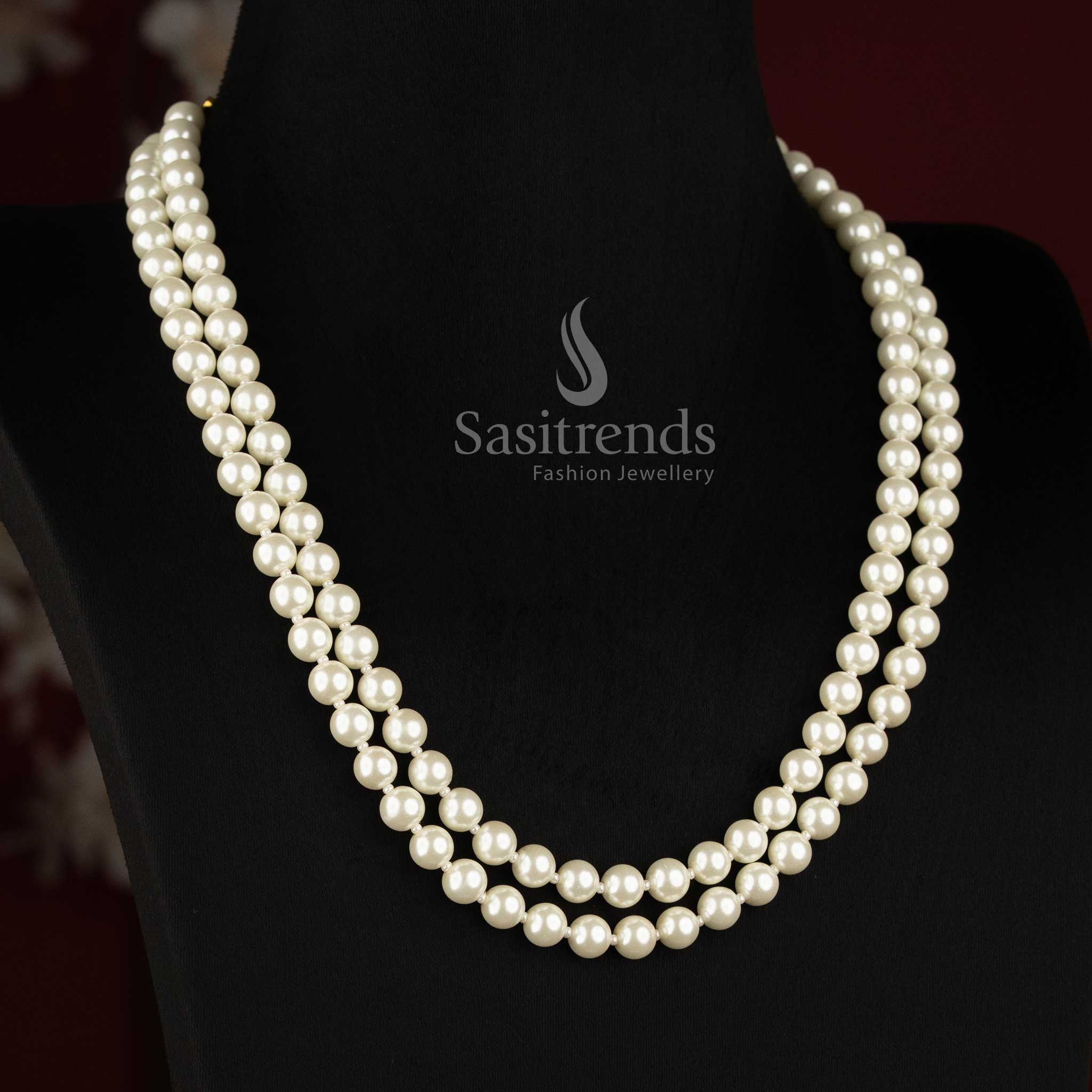 Elegant shell pearl 2 layer long necklace designed for sarees, festive celebrations, wedding occasions and traditional ethnic outfits - Sasitrends
