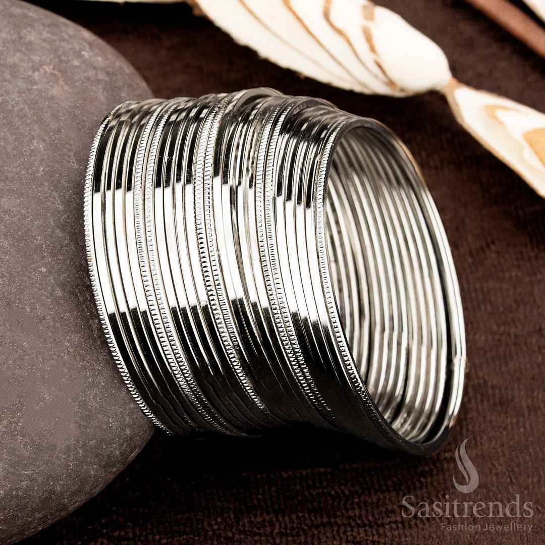 Modern traditional oxidised silver finish bangles set crafted with simple elegance, ideal for casual, festive, and daily ethnic jewellery looks that blend heritage beauty with contemporary fashion by Sasitrends