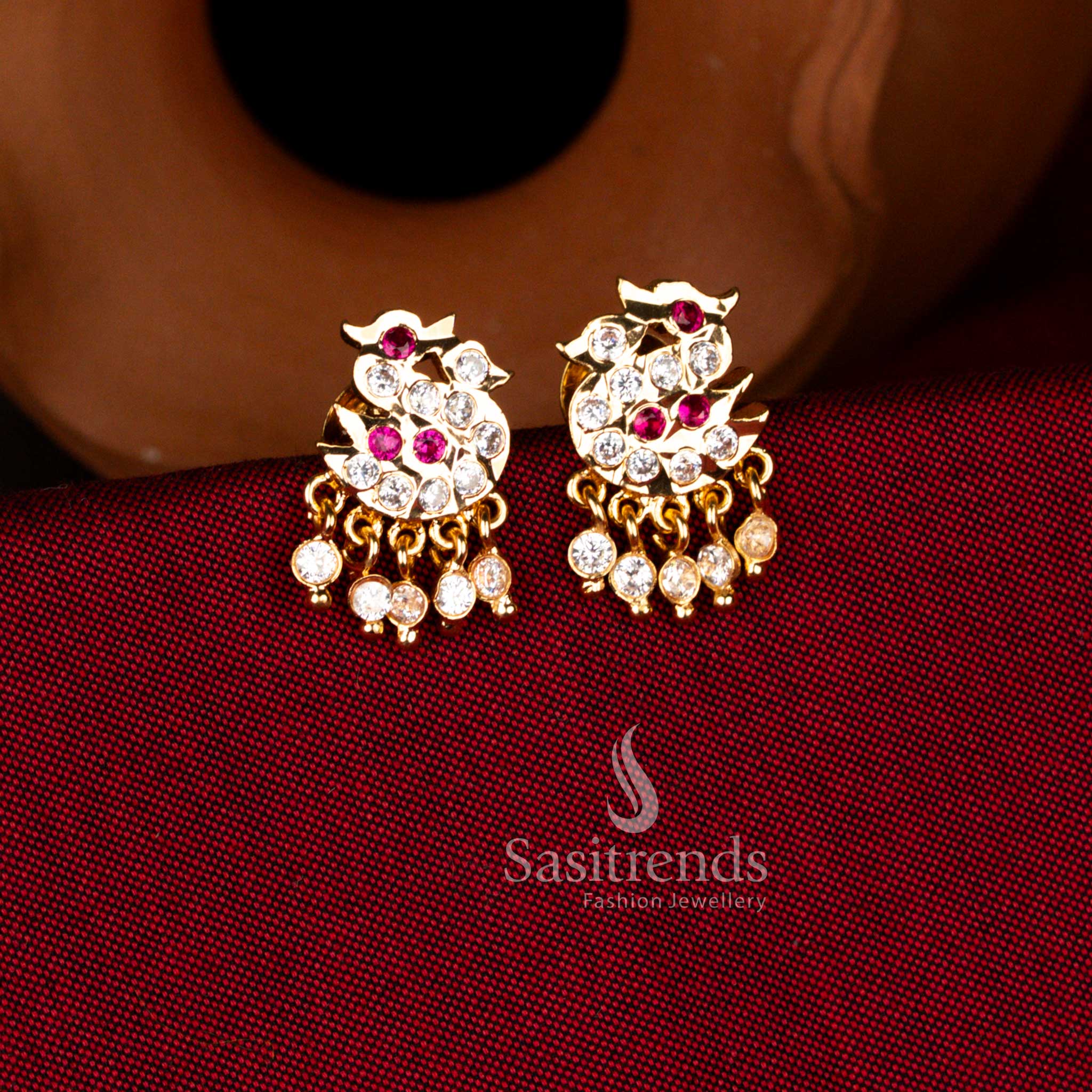 Radiant Impon Addigai guaranteed micro gold plated swan semi circular stud earrings with hanging AD stones in white ruby sparkle perfect for weddings and festive celebrations – Sasitrends